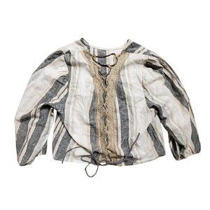 Soho Linen Blend Bohemian Striped Blouse Top Size L Balloon Sleeves Back Tie NWT